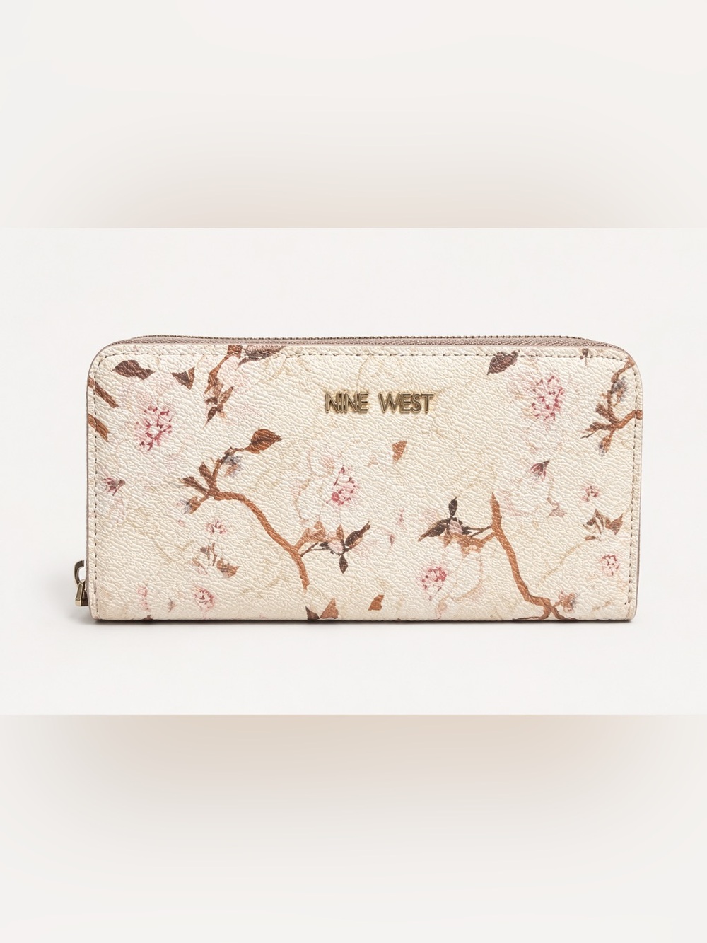 Nine West Cream Floral Zip-Around Wallet with Gold Logo